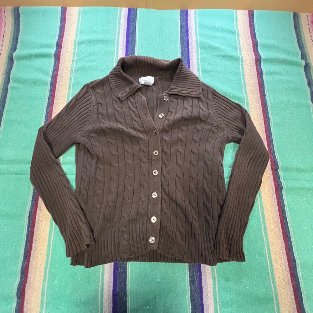 Studio Works Cardigan Womens PM Brown Cable Knit Cotton Button Collared Sweater